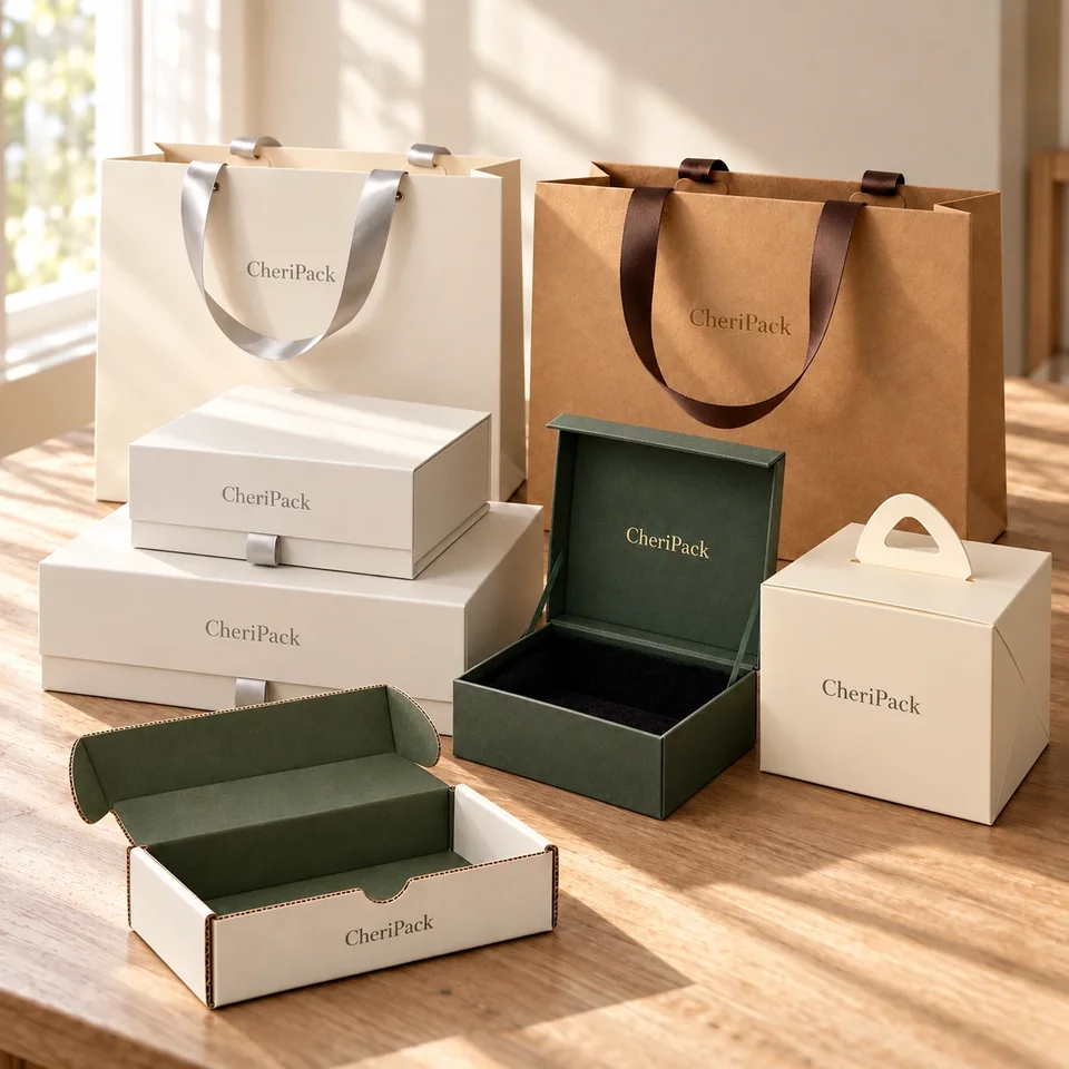 CheriPack collection of ribbon paper bags, kraft bags, premium magnetic gift boxes, cake boxes and corrugated mailers