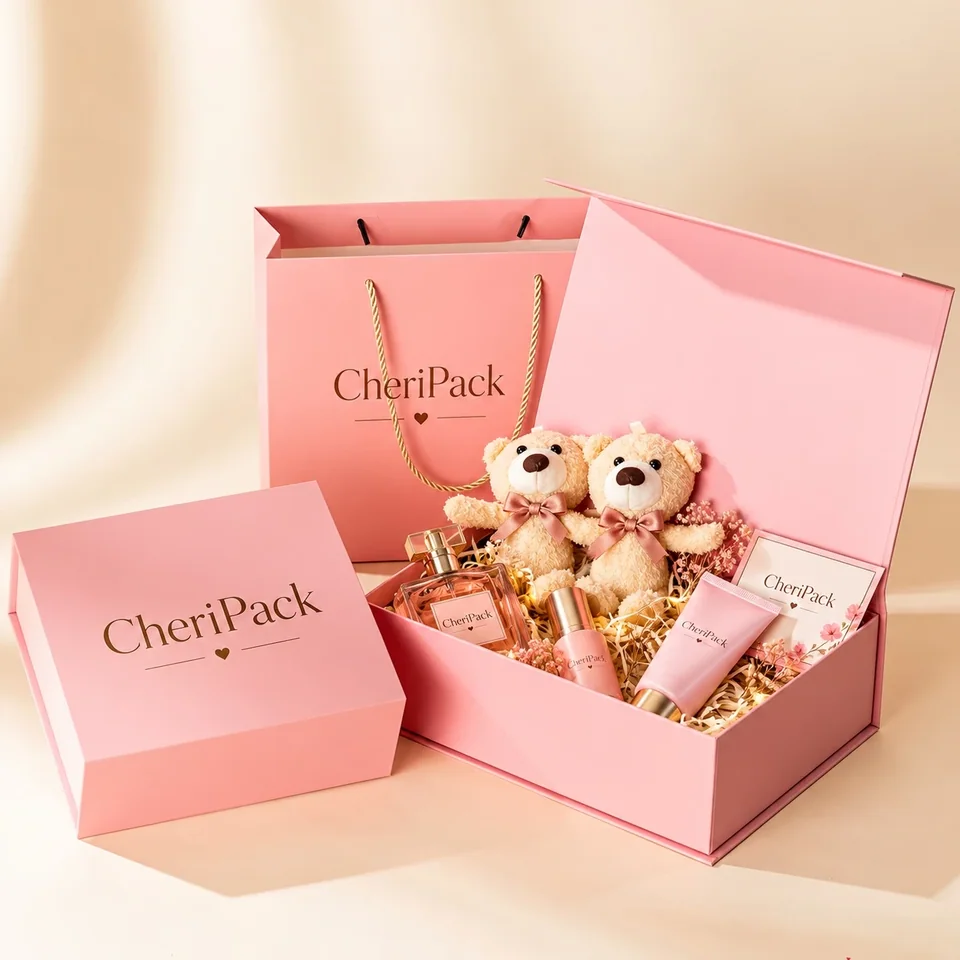 Pink CheriPack gift bag and open gift box with a coordinated beauty gift presentation